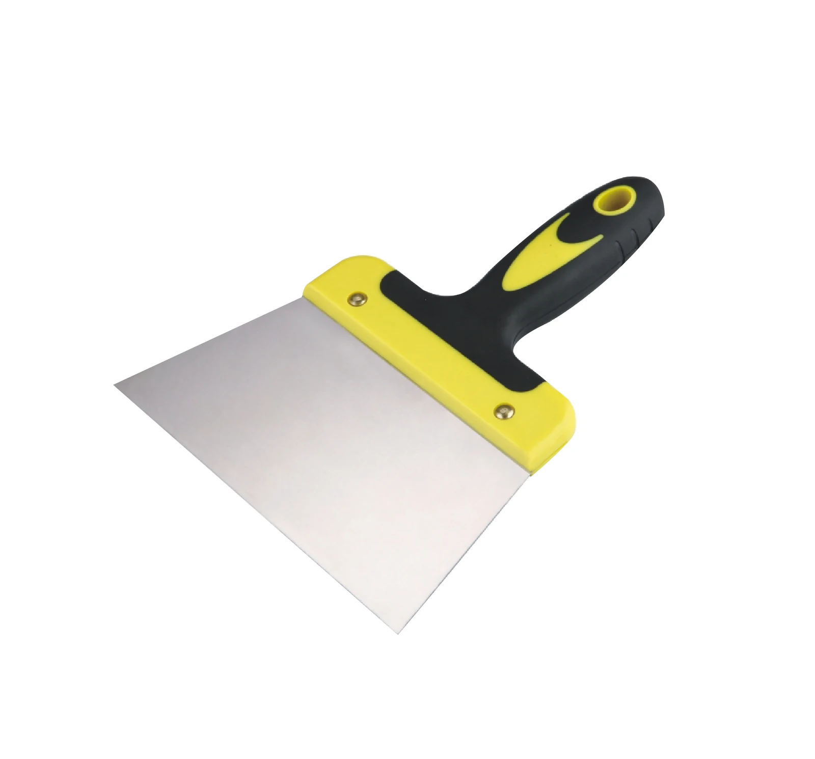 Stainless steel putty knife wall scraper with yellow and black plastic handle on white background