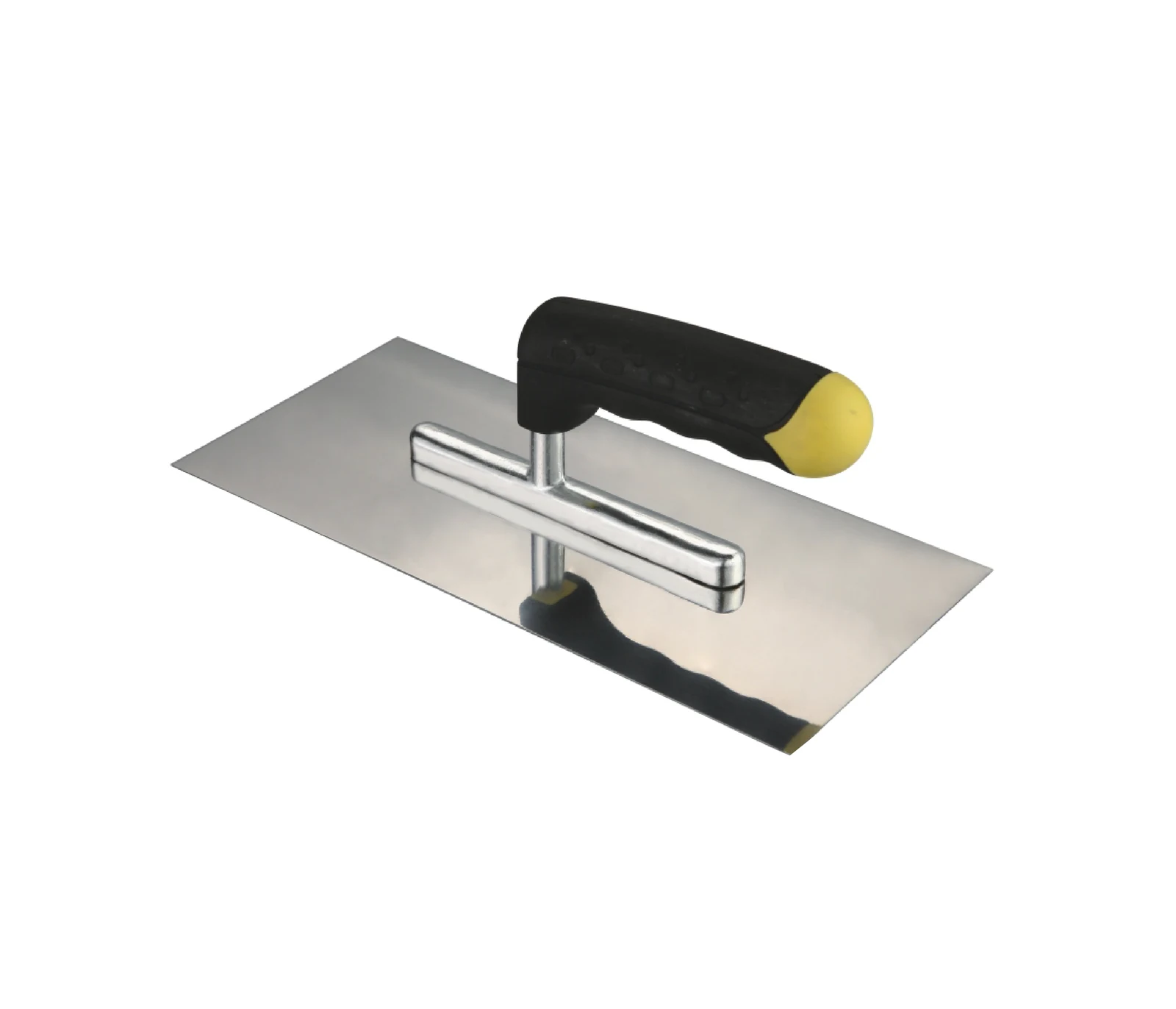 Stainless steel finishing trowel with black and yellow soft grip handle