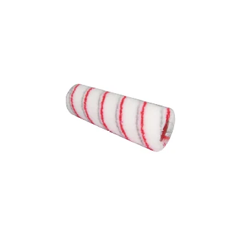 White fabric paint roller sleeve with red stripes on a plain white background
