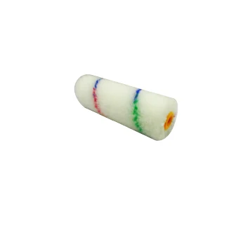 White fabric paint roller cover with red, blue and green stripes and orange core on white background