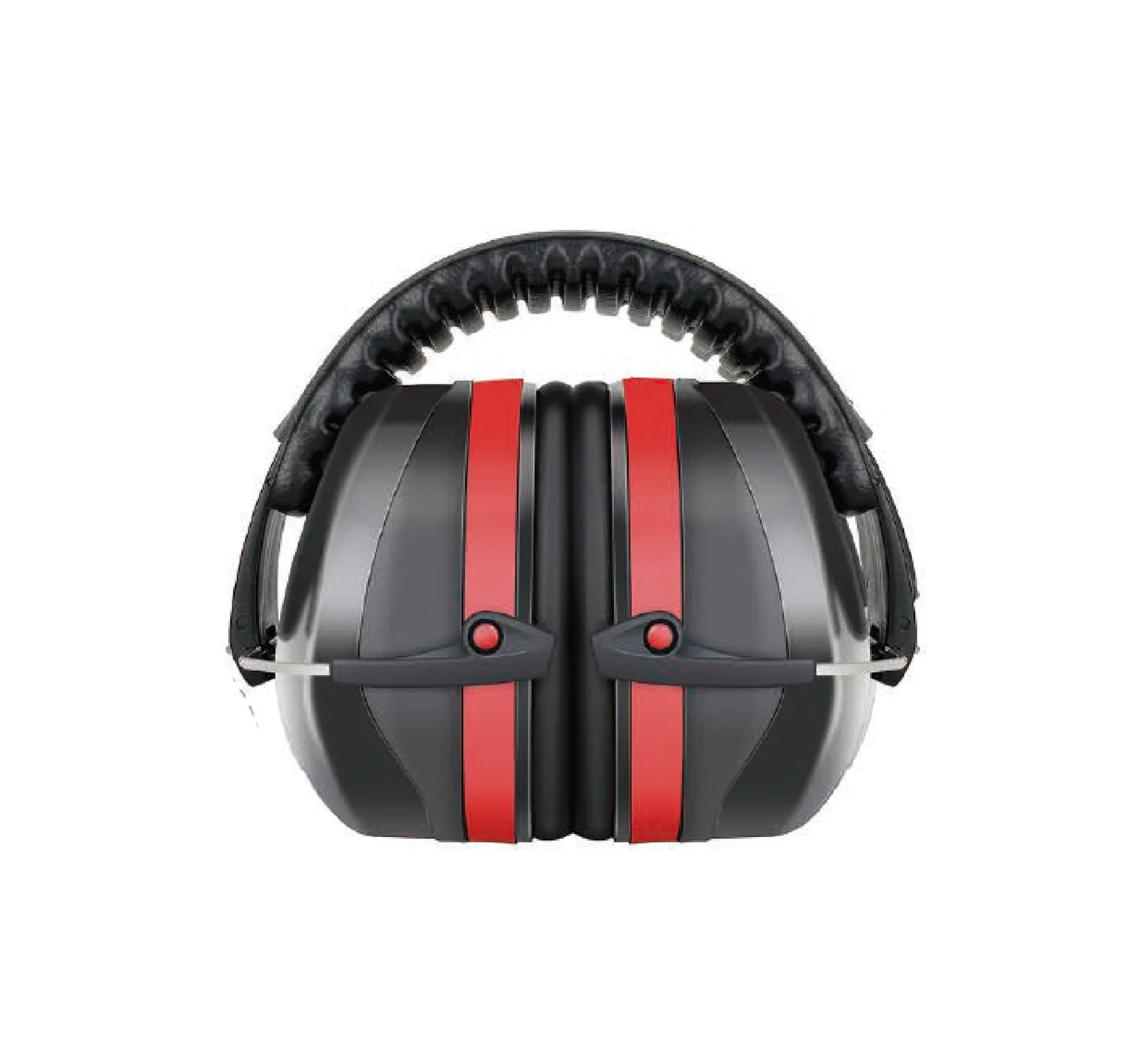 Black and red safety ear muffs for hearing protection, front view on a white background