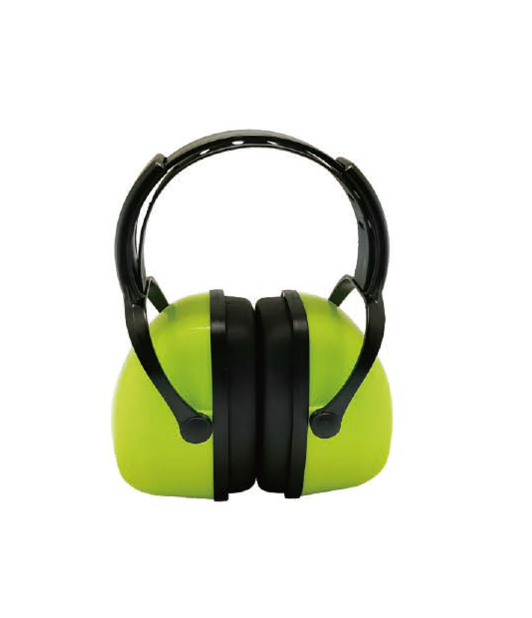 Hi-vis yellow-green ear defenders with black adjustable headband on a plain white background