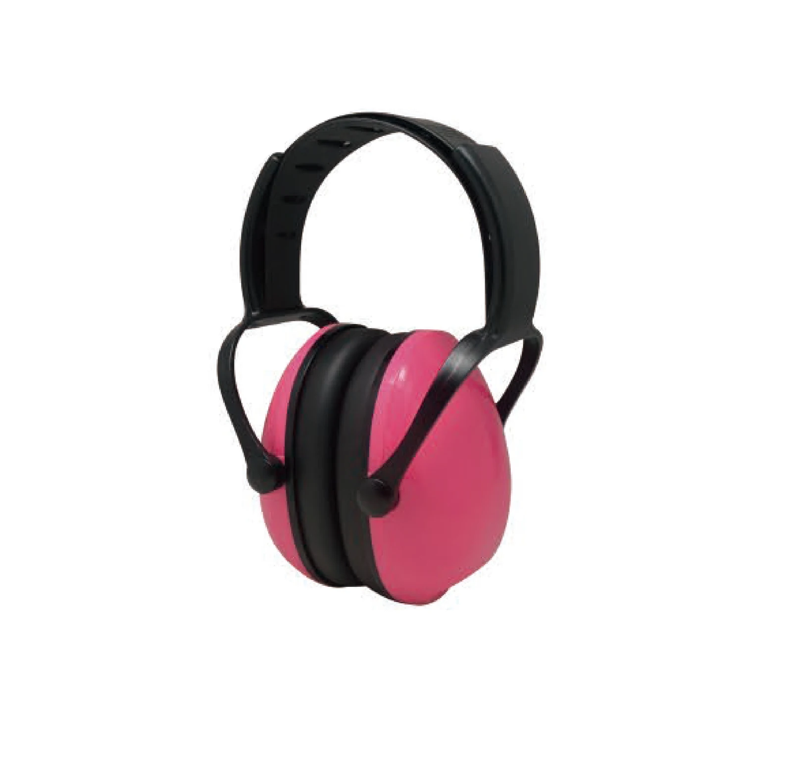 Pink ear defenders with black adjustable headband photographed on a plain white background