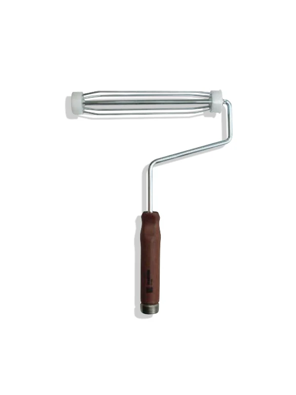 Bare metal roller cage frame with a threaded wooden handle