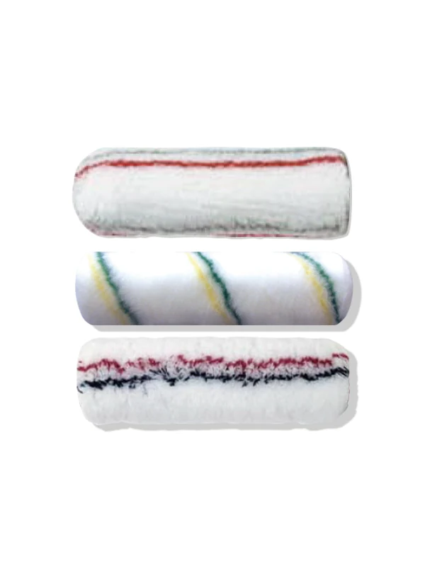 Three white paint roller covers with different coloured stripe grades