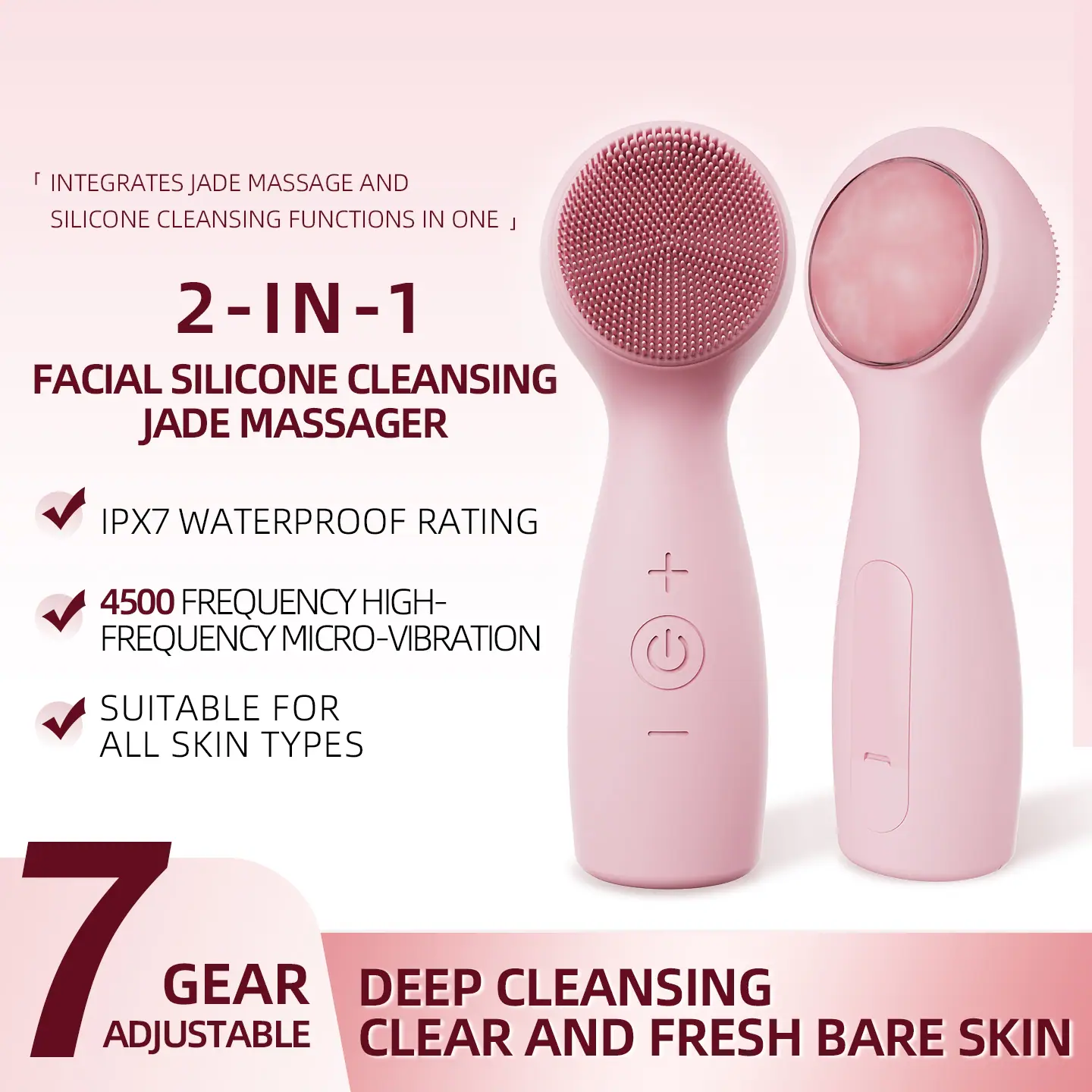 2-in-1 silicone facial cleansing device with jade stone massager in use on the face
