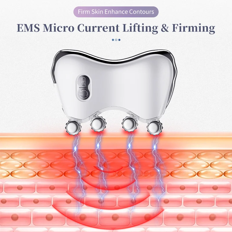 LED facial roller device with red, blue, and purple light therapy active