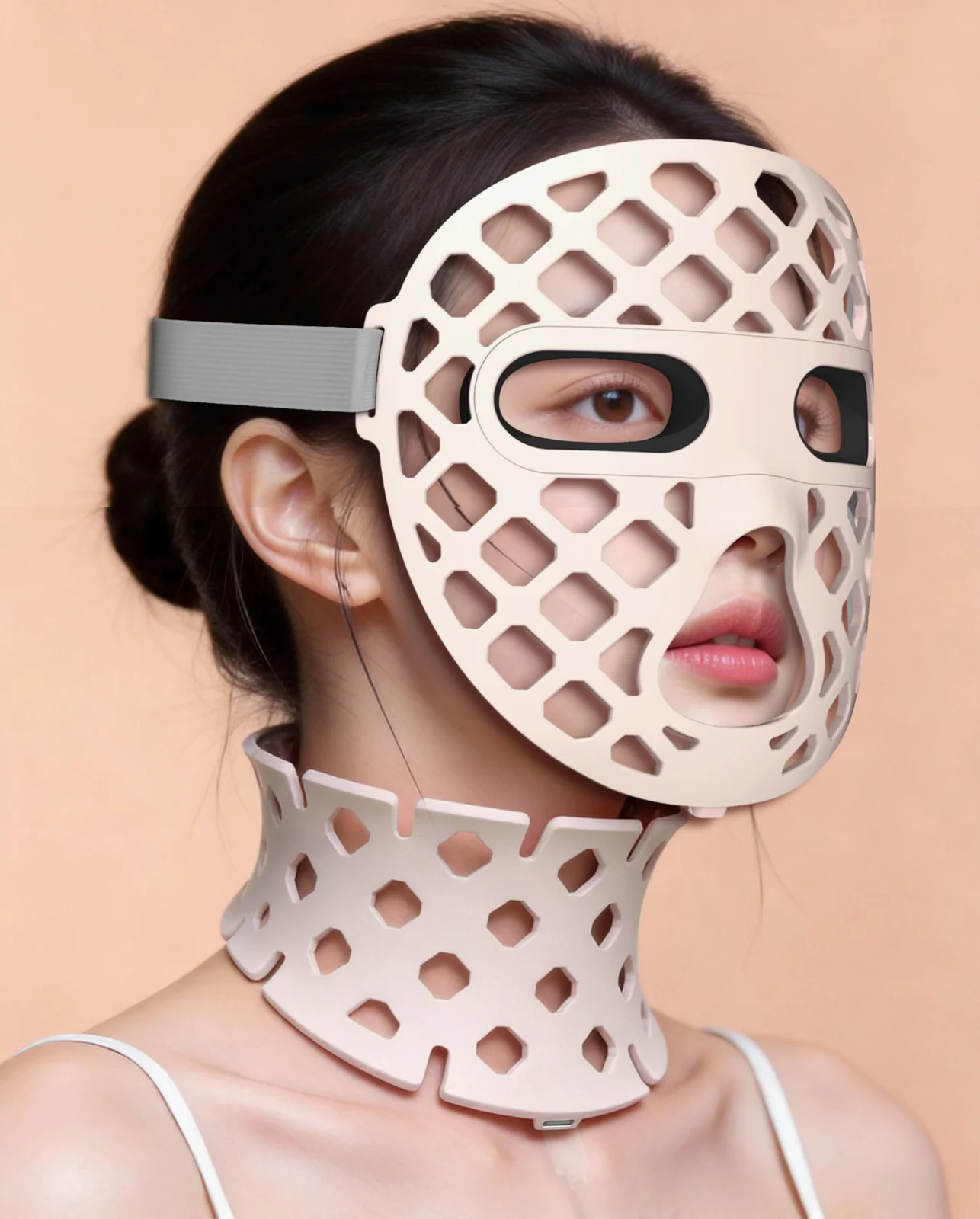 LED facial mask with 3D hollow design worn on a person's face