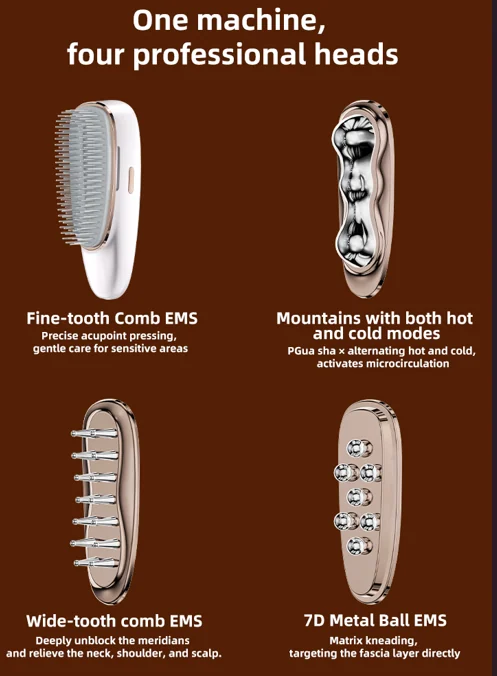 4-in-1 EMS scalp and body massager with interchangeable heads displayed