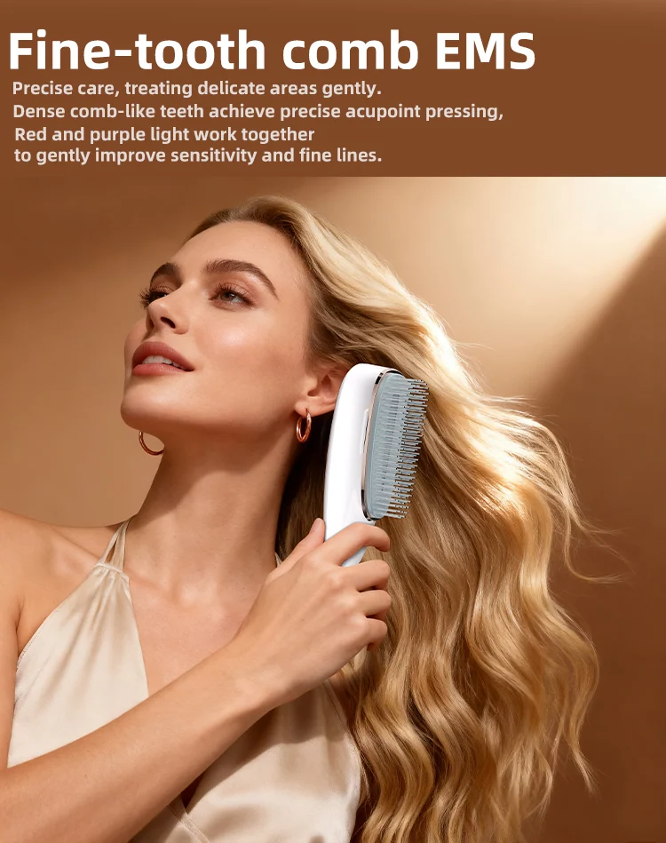 Fine-tooth comb head of the EMS scalp massager applied to the temple