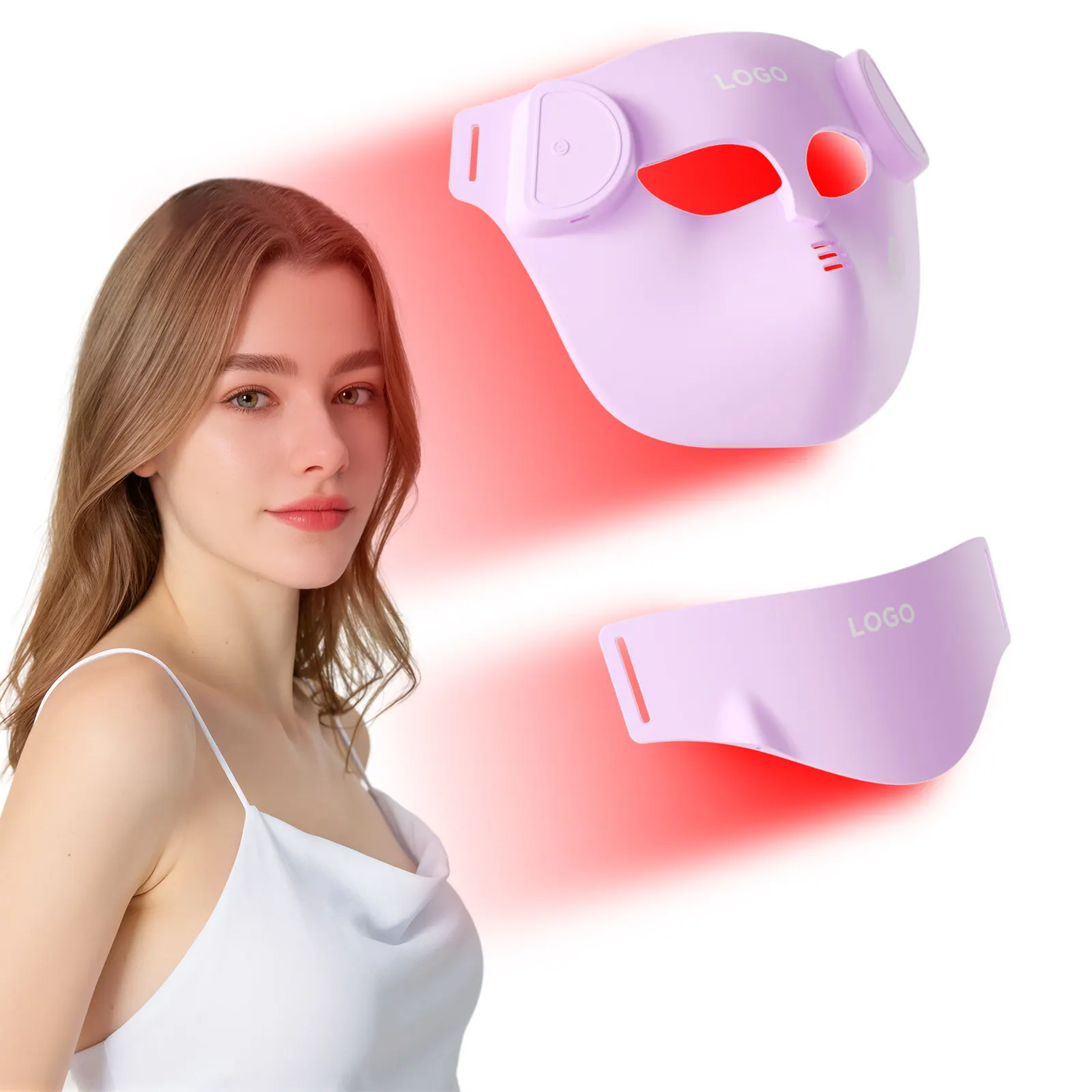 Professional LED light therapy mask worn on the face with all four LED modes active