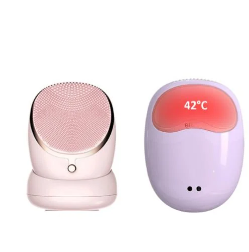 Front and back view of the facial cleansing brush showing cleansing and thermal massage sides