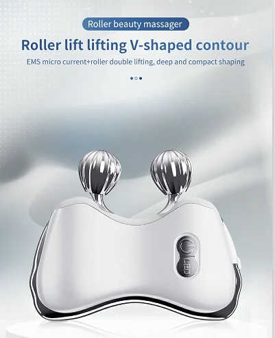 EMS microcurrent facial roller in use on the cheek and jawline