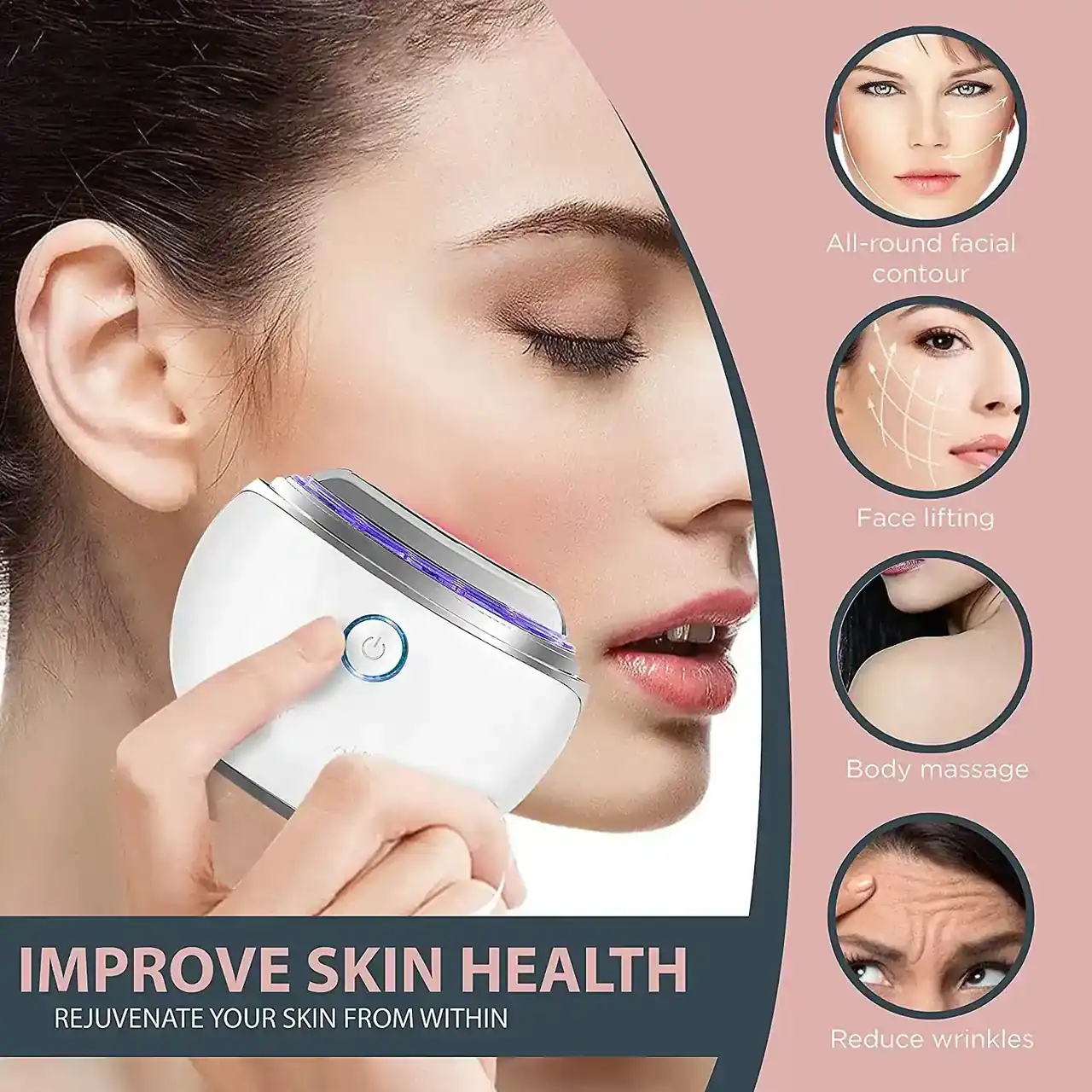 Facial lifting device with red, blue and violet LED lights in use