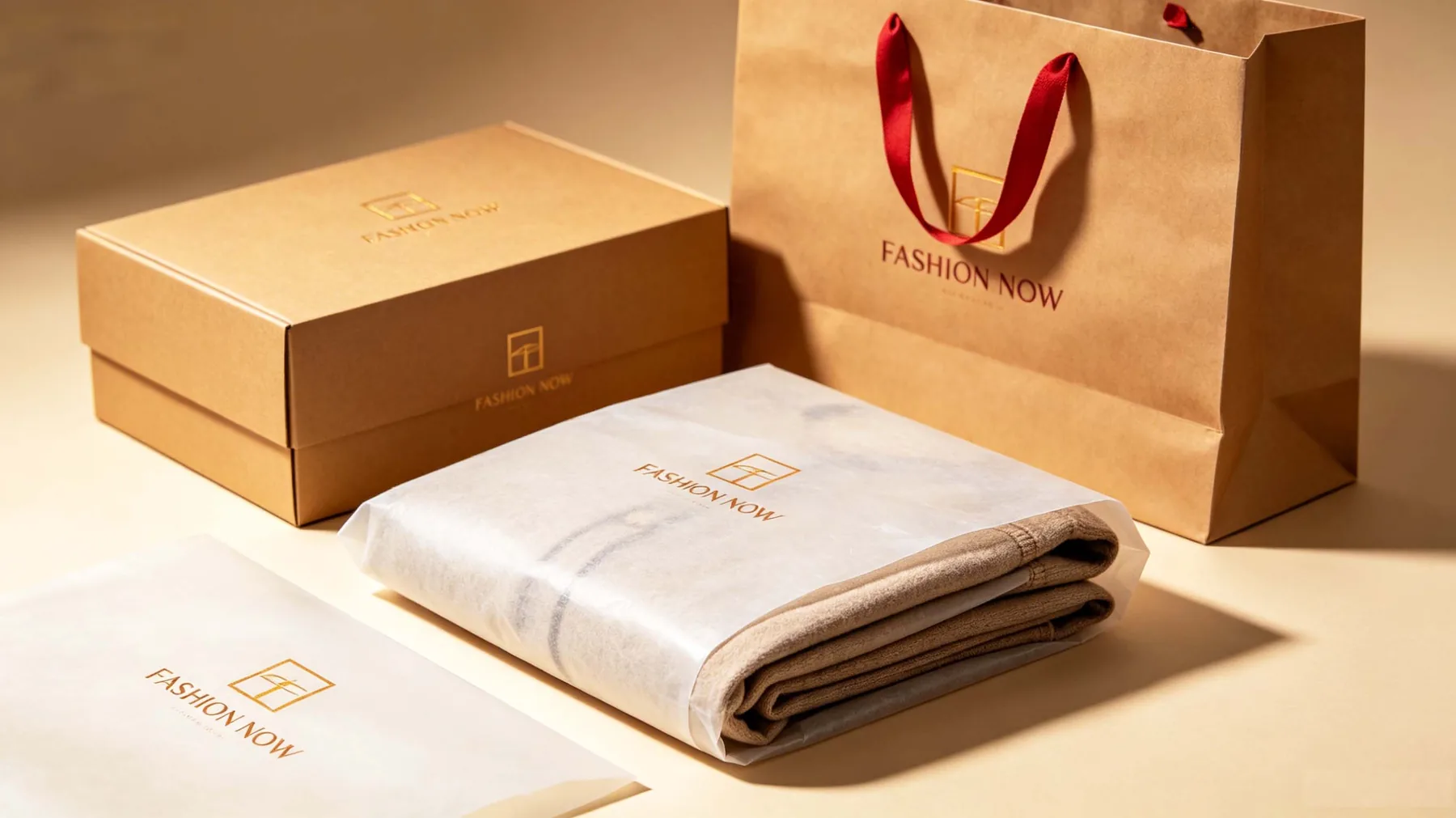 Kraft gift box, branded paper bag and printed tissue paper set produced by FISON