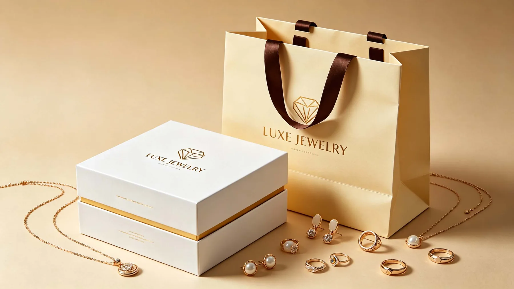 Cream paper gift bag and white rigid jewelry box with gold foil branding