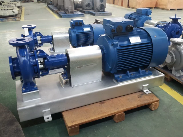ANSI centrifugal pump set on a stainless steel baseplate before packing