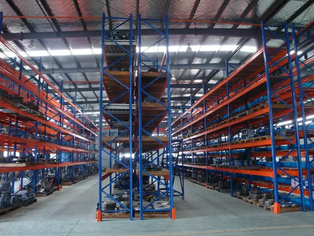 Multi-level pallet racking filled with pump components in the finished parts warehouse