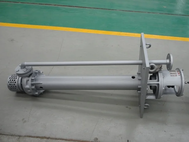 Vertical sump pump with grey column, support plate and discharge elbow