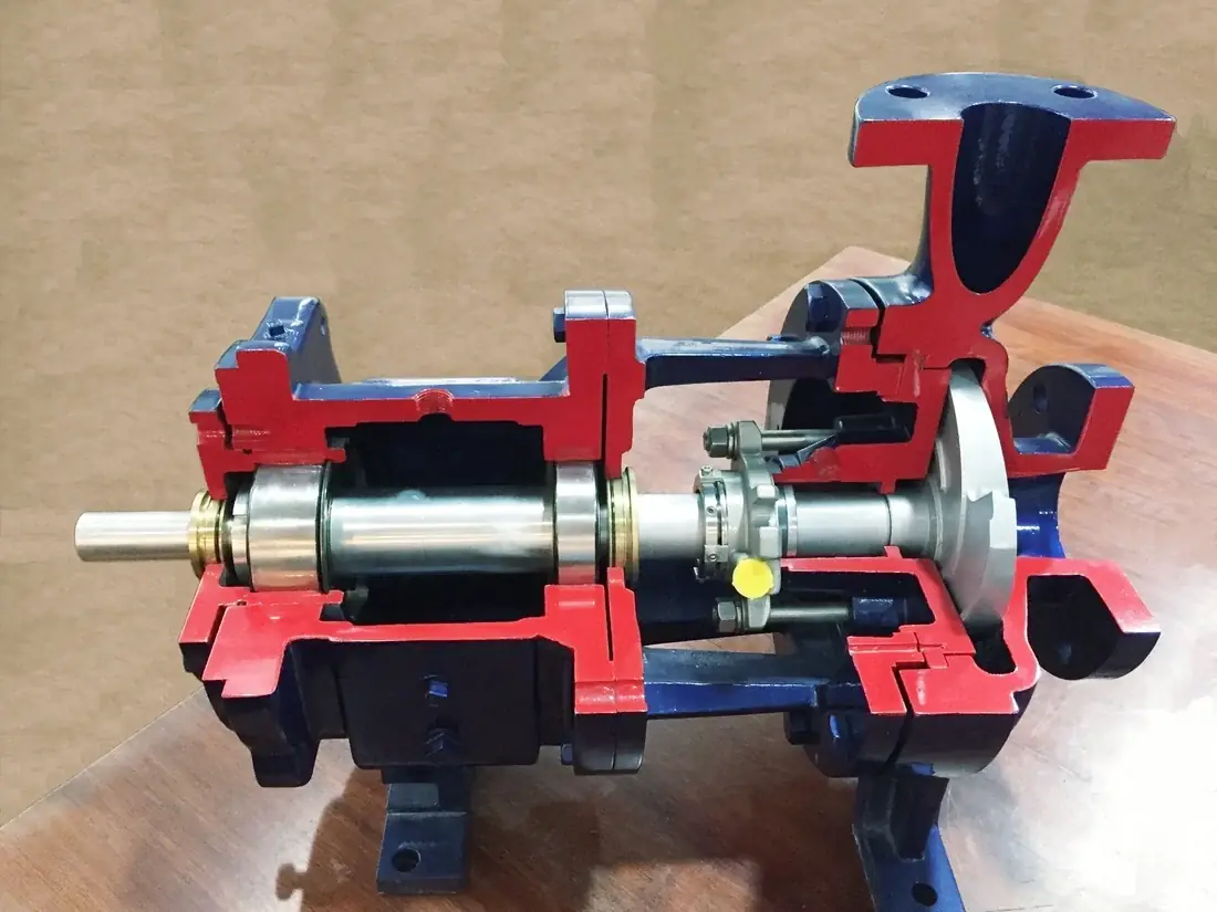 Cutaway demonstration pump showing shaft, bearing housing, mechanical seal and closed impeller