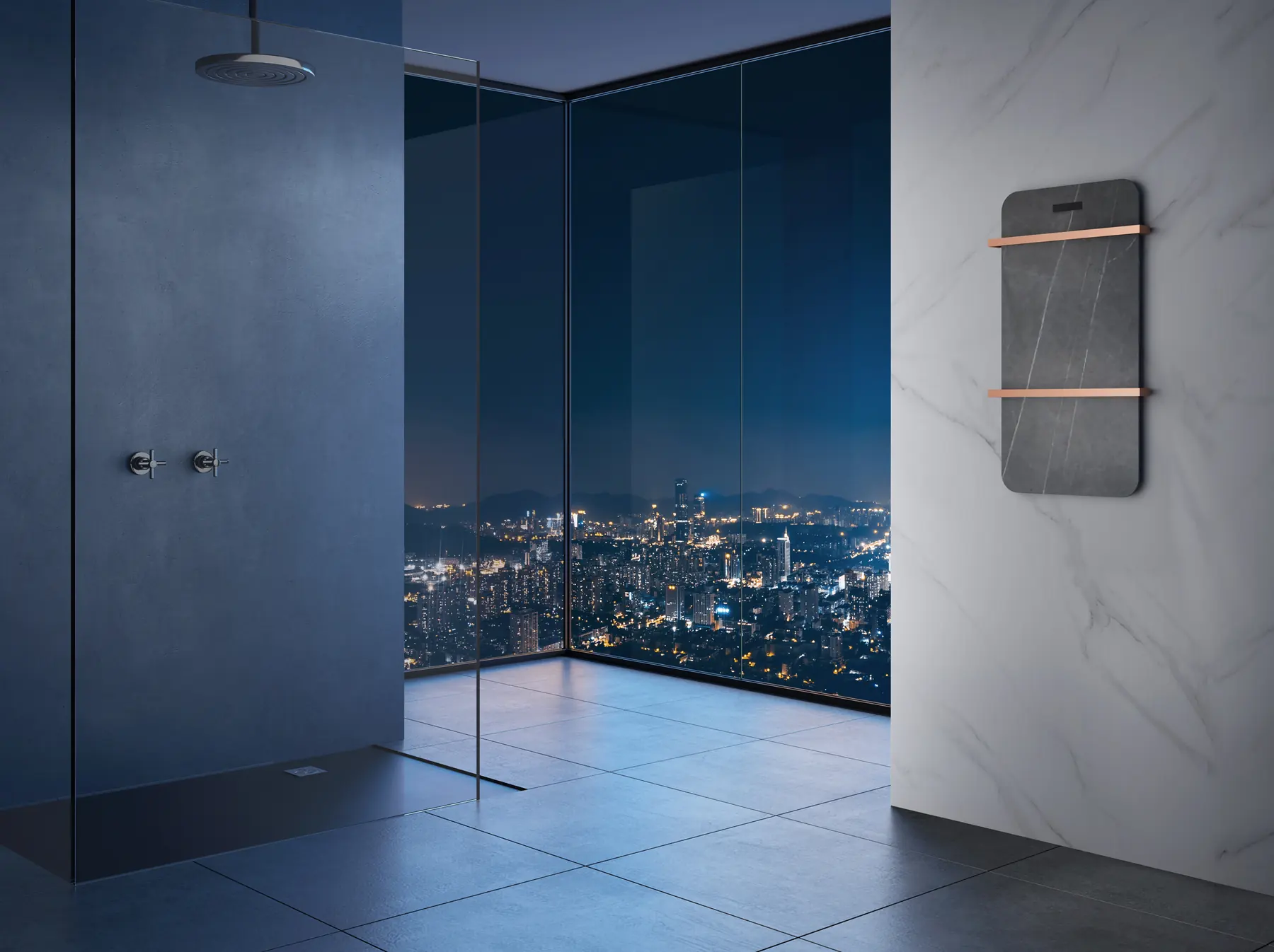 Funmax heated towel rack on a marble wall in a dark hotel bathroom at night