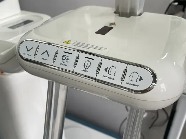 Genoray PAPAYA Plus operator control panel with LIFT DOWN, LIFT UP, SENSOR, LASER, FORWARD, BACKWARD buttons