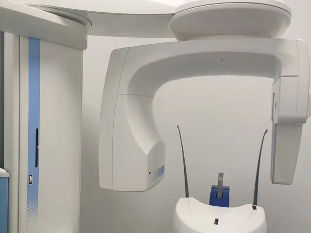 Planmeca ProMax 2D gantry close-up showing C-arm, tube head, chin rest with blue bite block, and signature Planmeca blue column stripe