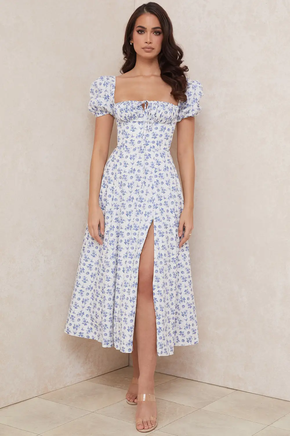 Blue White Floral Midi Dress manufactured to order by Foriver Garment