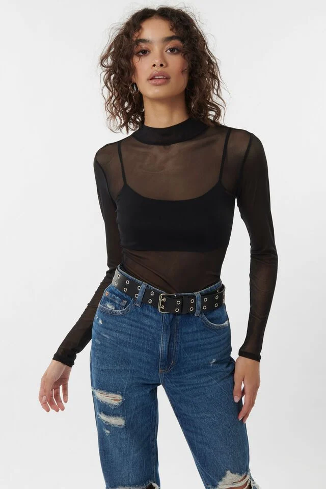 Midi Mesh Mock Neck Tee manufactured to order by Foriver Garment