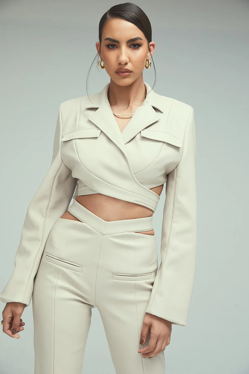 Taupe Vegan Leather Crop Wrap Jacket manufactured to order by Foriver Garment