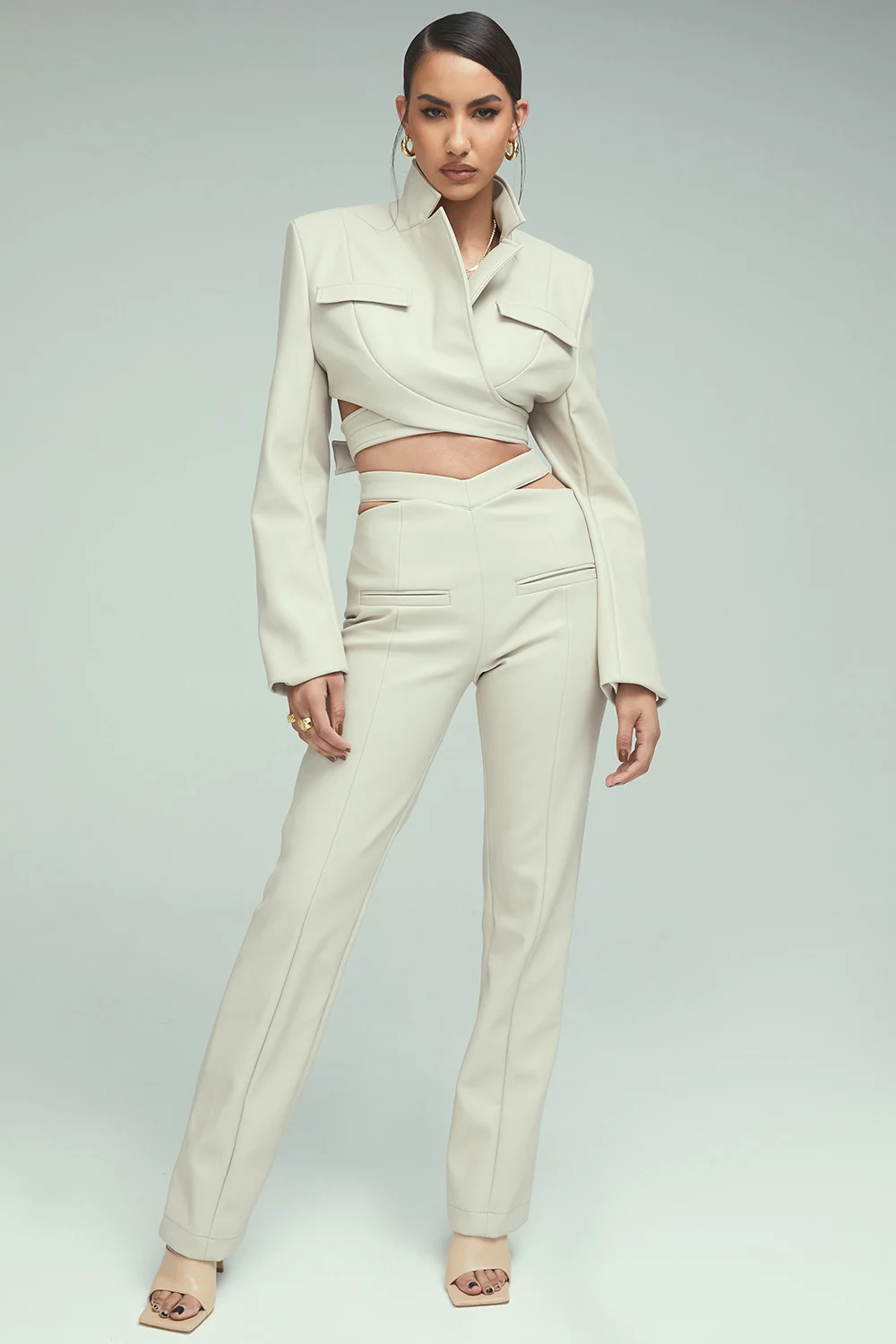 Taupe Vegan Leather Cutout Trousers manufactured to order by Foriver Garment