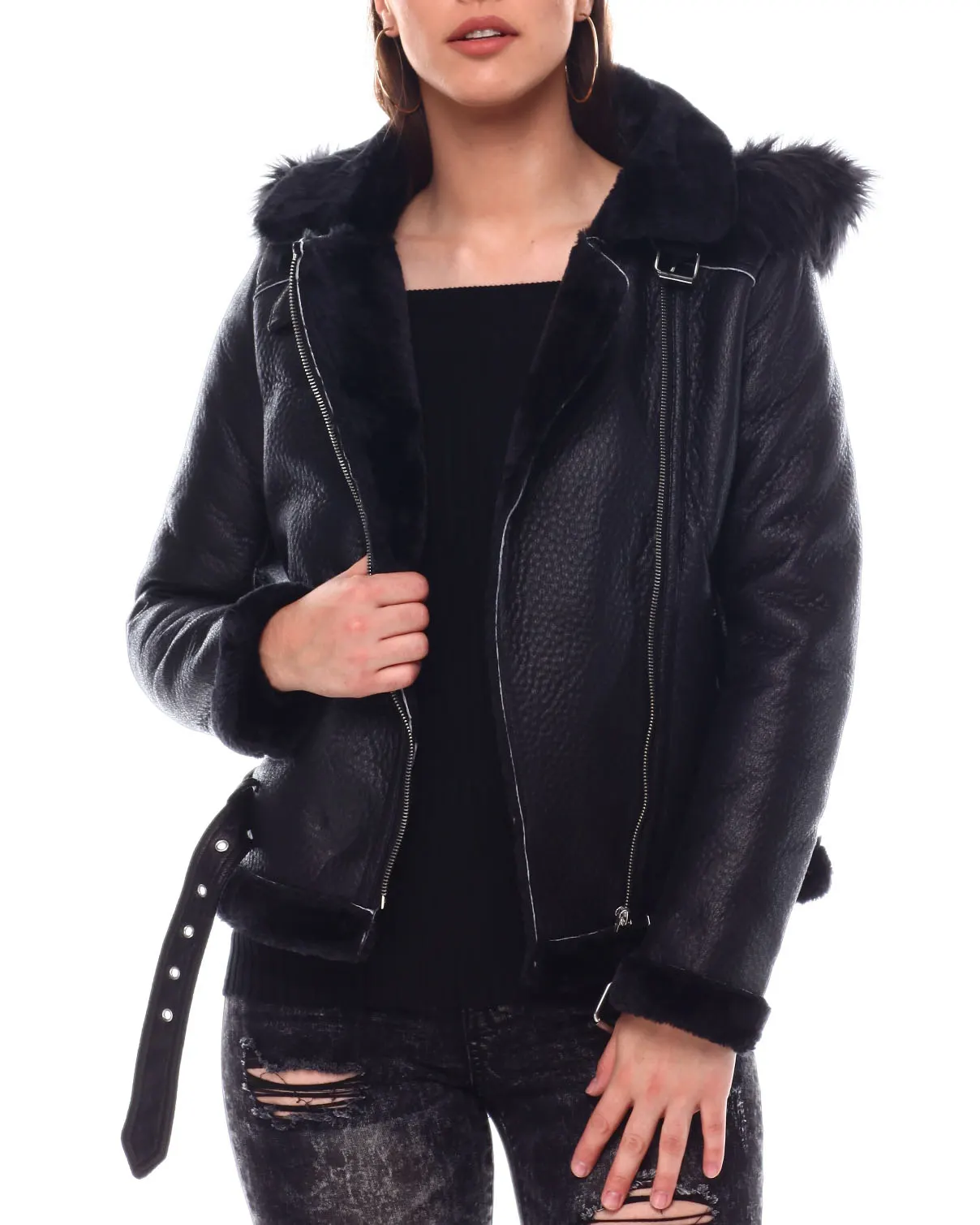Shearling Faux Leather Jacket with Hood manufactured to order by Foriver Garment