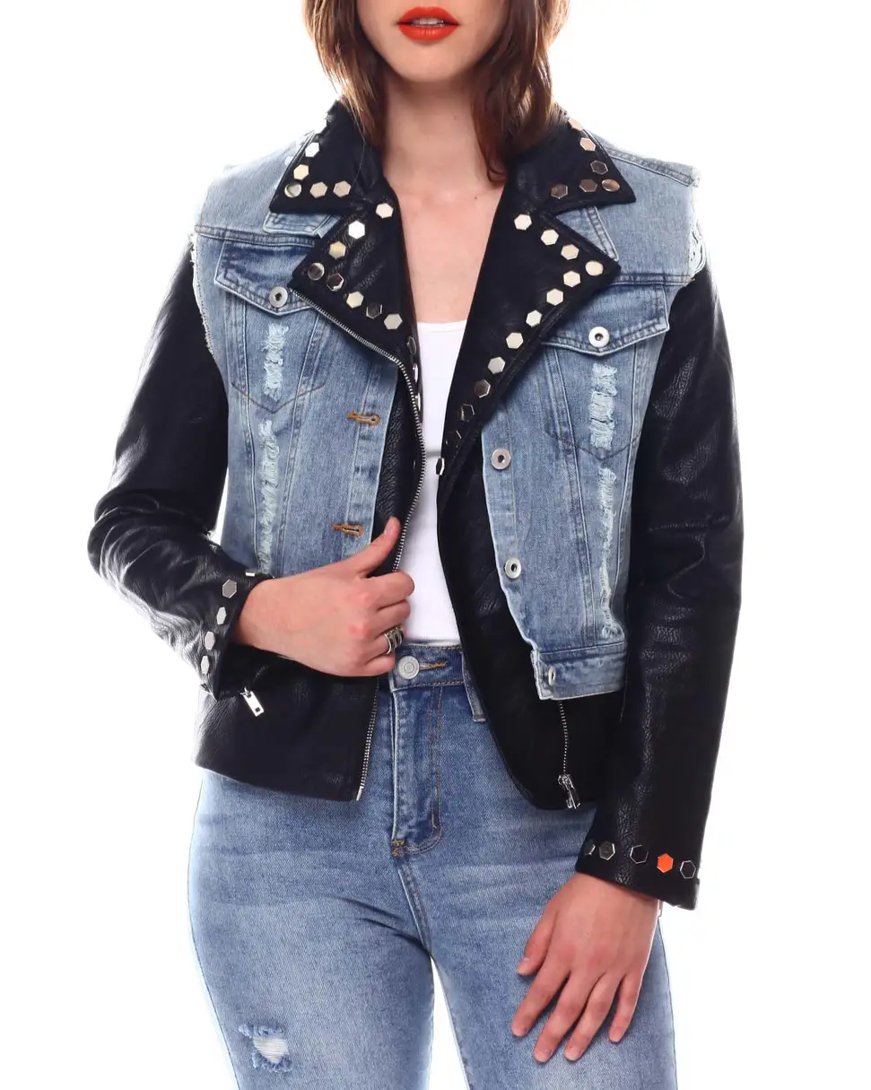 Two in One Denim PU Jacket manufactured to order by Foriver Garment