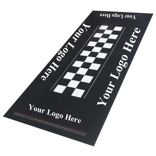 Racing style garage parking mat printed with a brand logo
