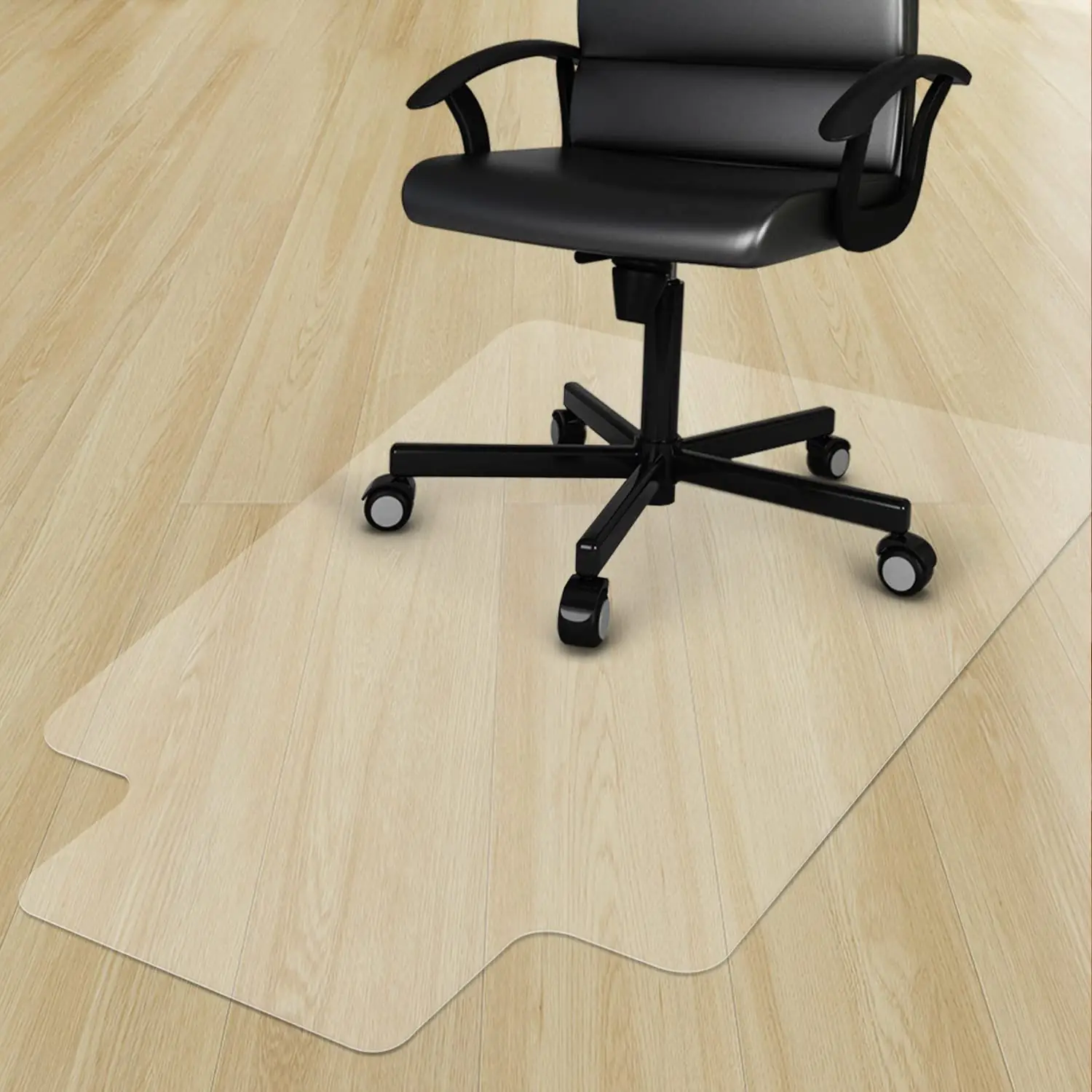 Lip shape PVC chair mat for a hardwood floor showing the desk tongue