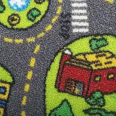 Detail of the printed roads and buildings on the city play rug