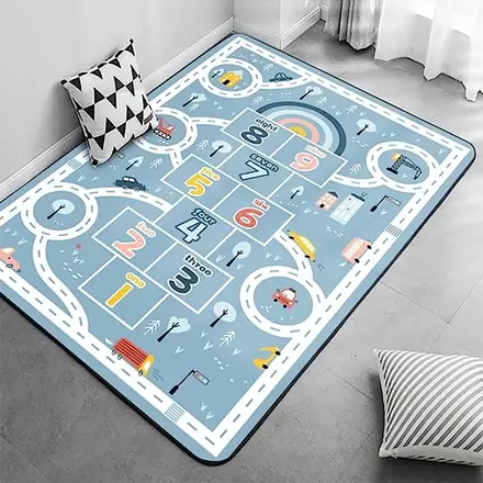 Hopscotch play mat printed with numbered squares and roads