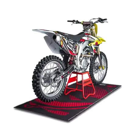 Racing style motorcycle work mat printed with track graphics