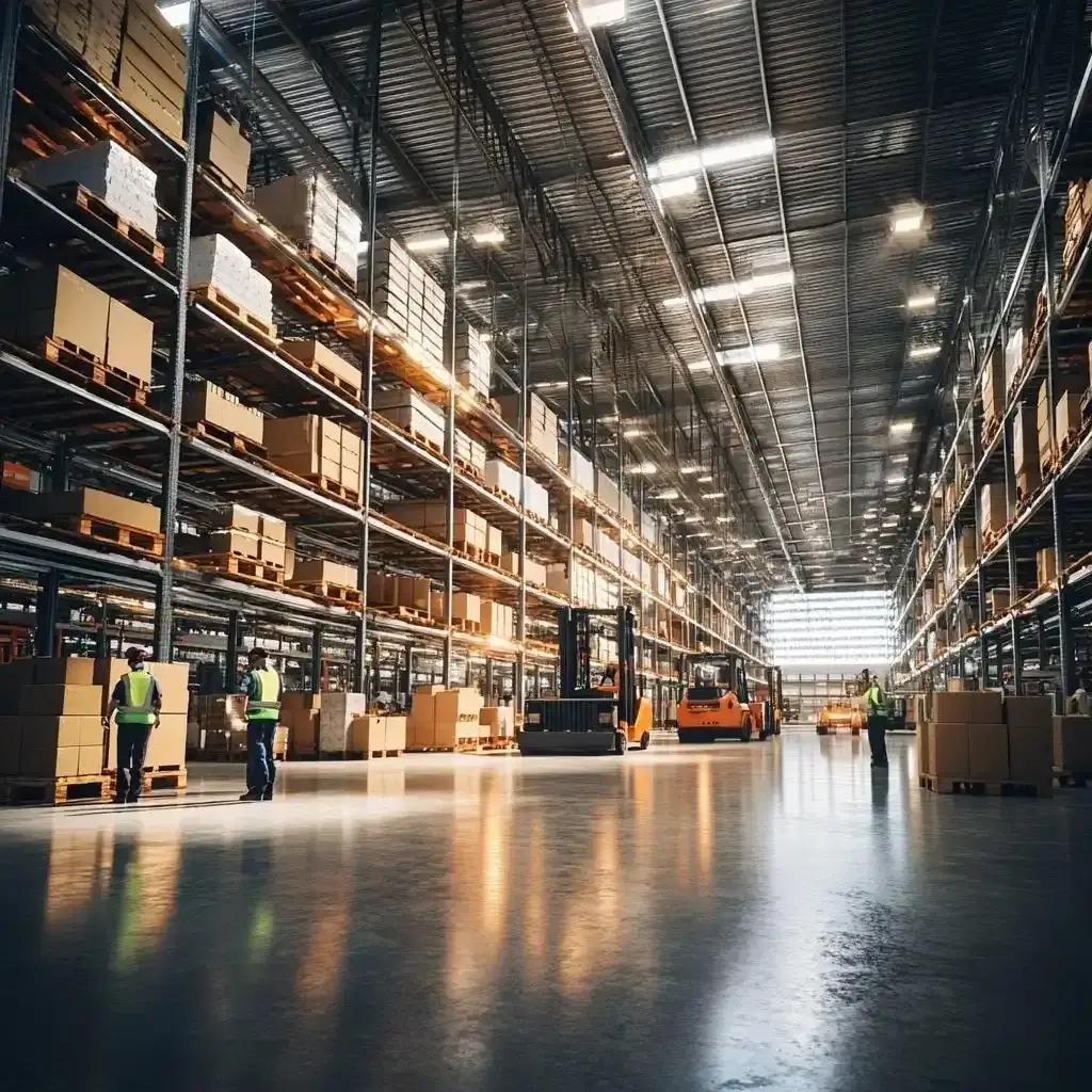 Warehouse holding palletised seasonal footwear cartons ready for consolidation