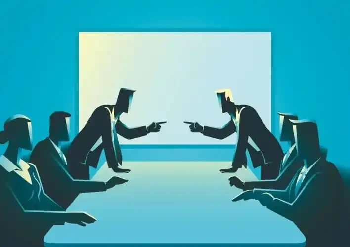 Stylised illustration of two negotiating teams across a boardroom table
