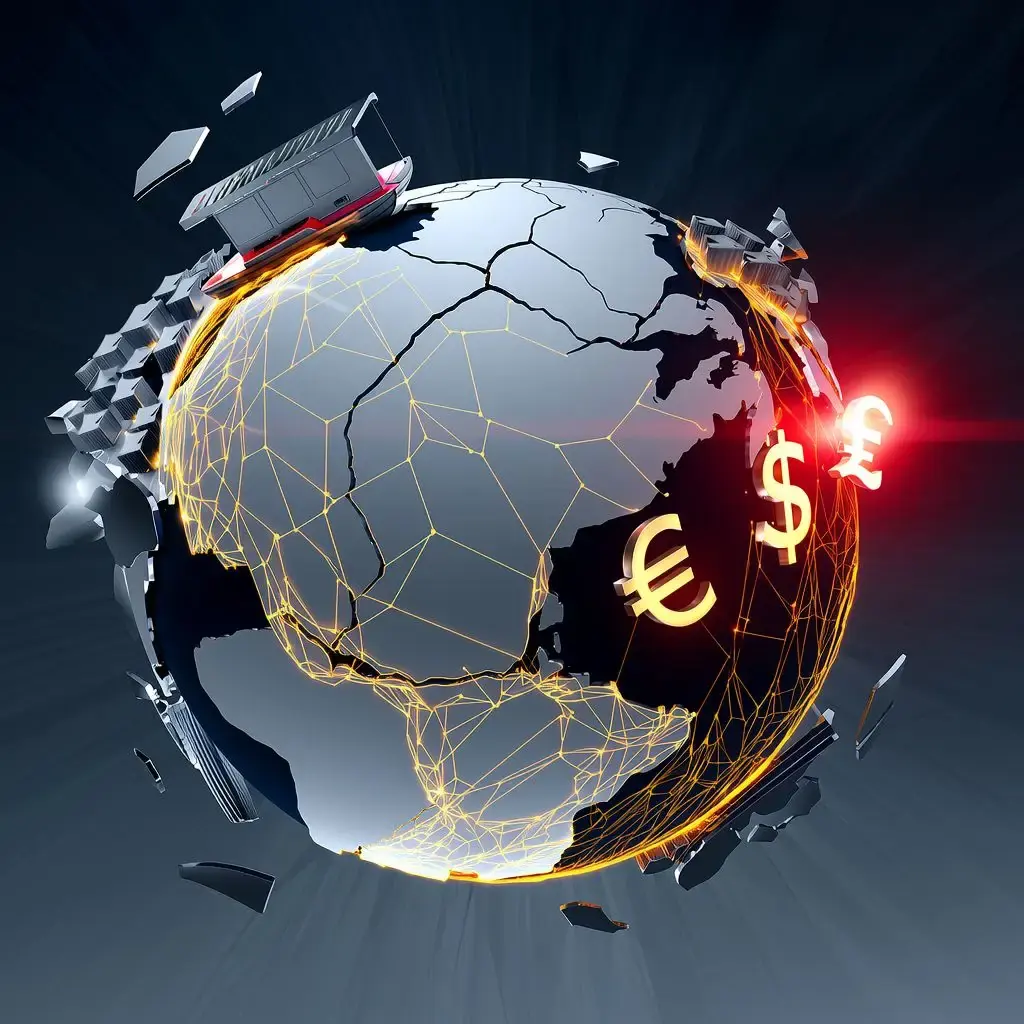 Stylised globe encircled by trade routes and currency symbols