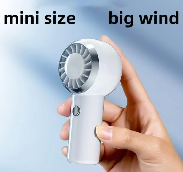 Rechargeable handheld mini fan shown with its folding stand extended