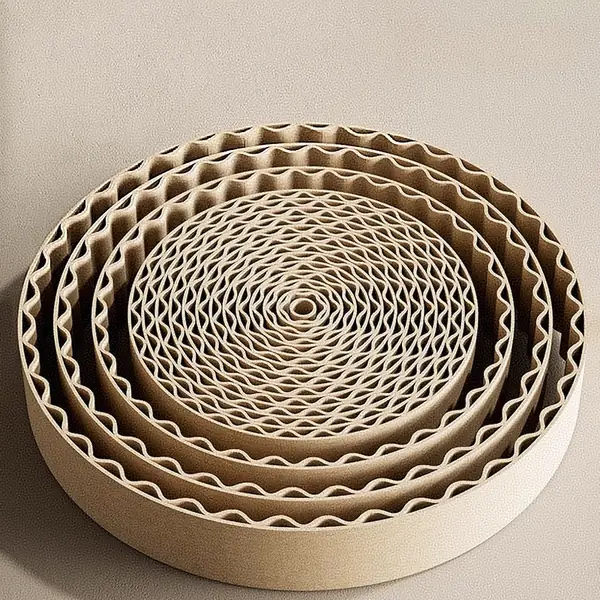 Round cardboard cat scratcher shown at an angle to reveal the corrugated edge