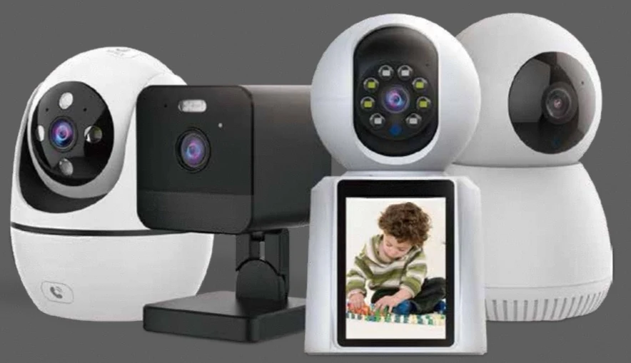 Smart home security system kit laid out with its sensors and control hub