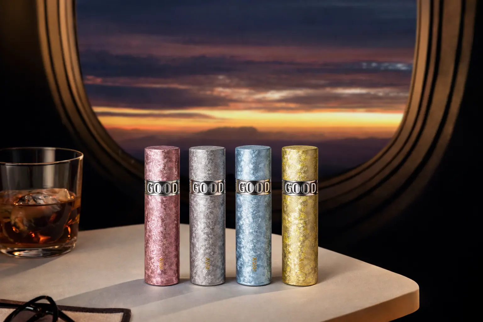 Four GOOD TEC refillable perfume atomizers on a cabin table beside an aircraft window at sunset