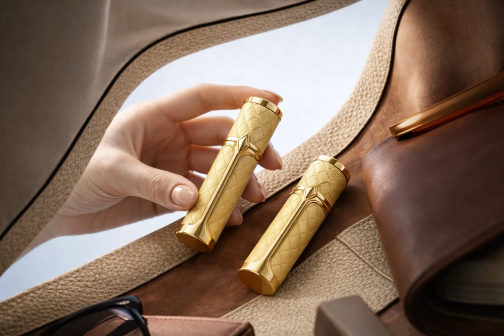Two gold quilted refillable perfume atomizers held above a leather handbag