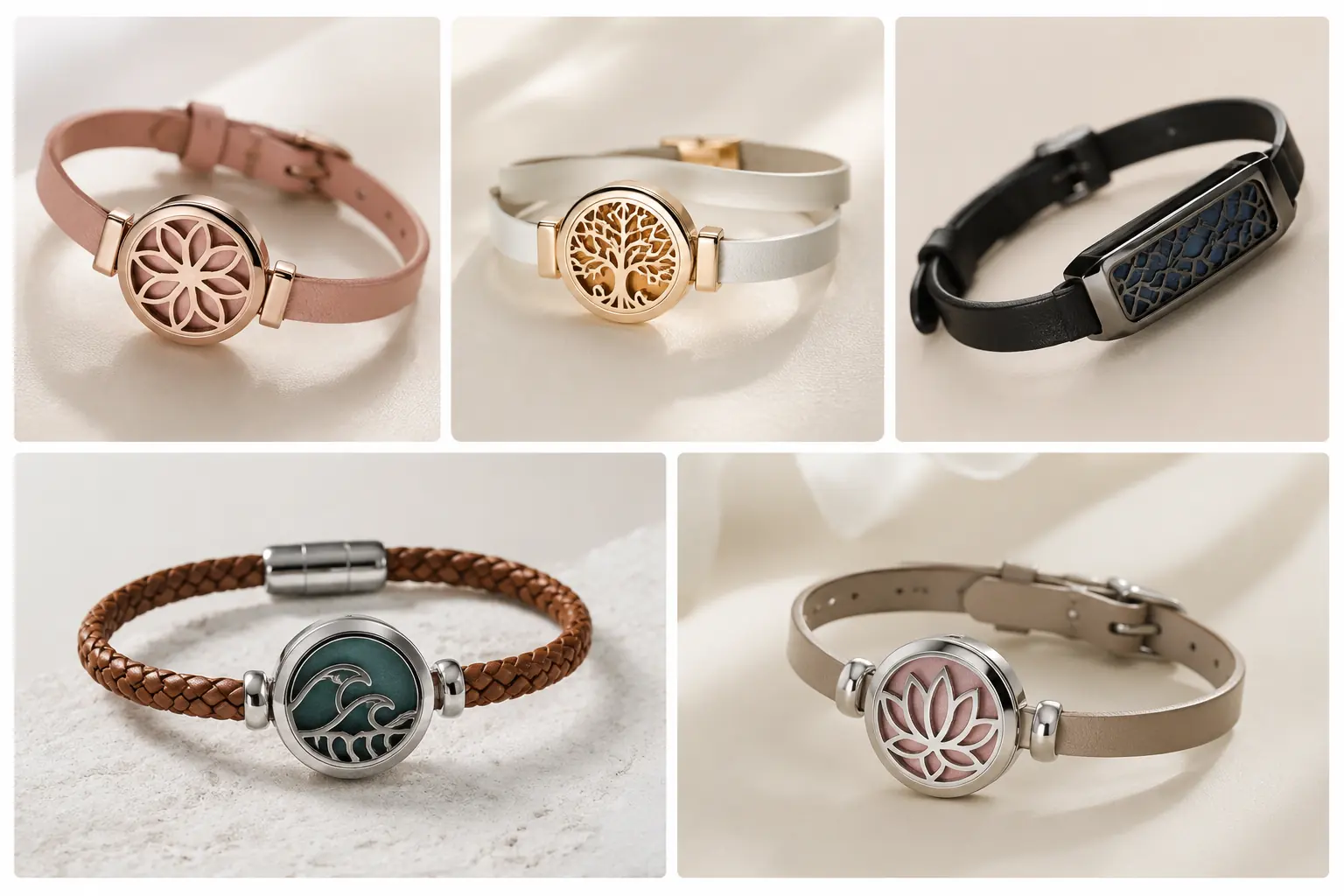 Custom aroma bracelet with metal fragrance element on a neutral background