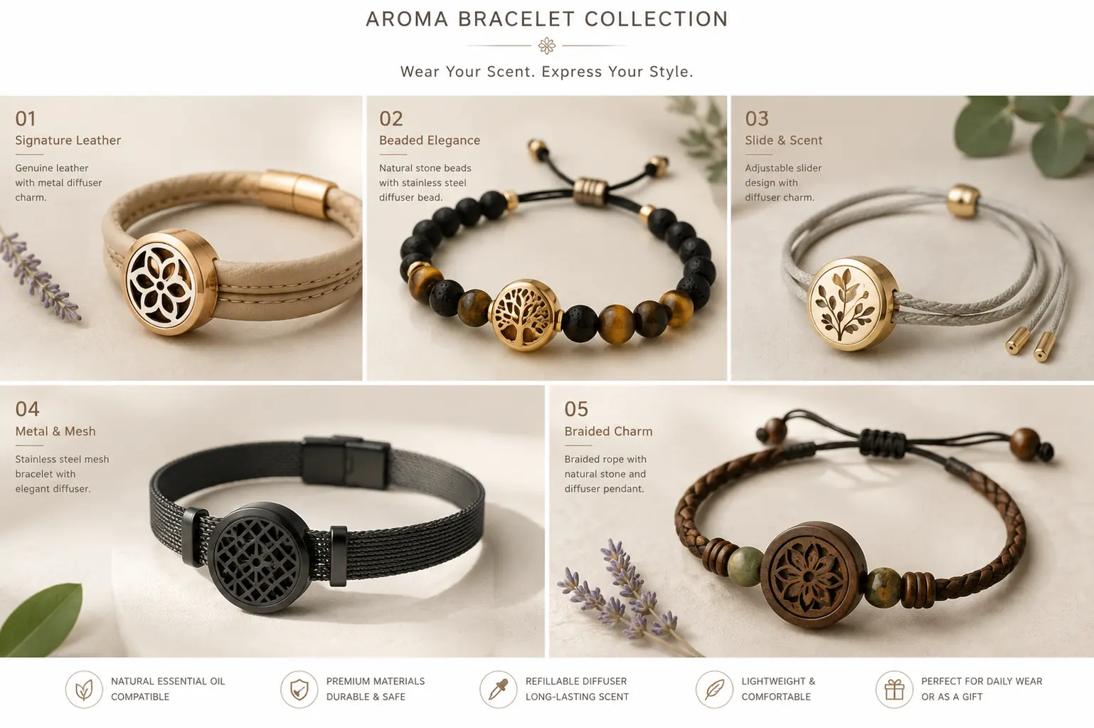 Aroma bracelet with leather strap and metal fragrance element