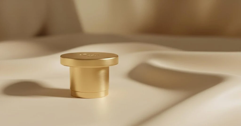 Brushed gold zinc alloy perfume cap on a cream fabric surface