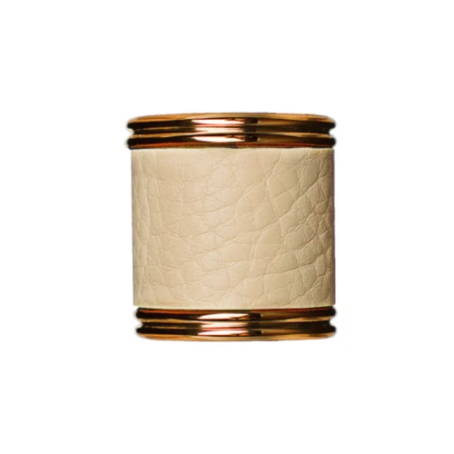 Cream Leather Wrapped Perfume Cap with Rose Gold Rings photographed against a white background